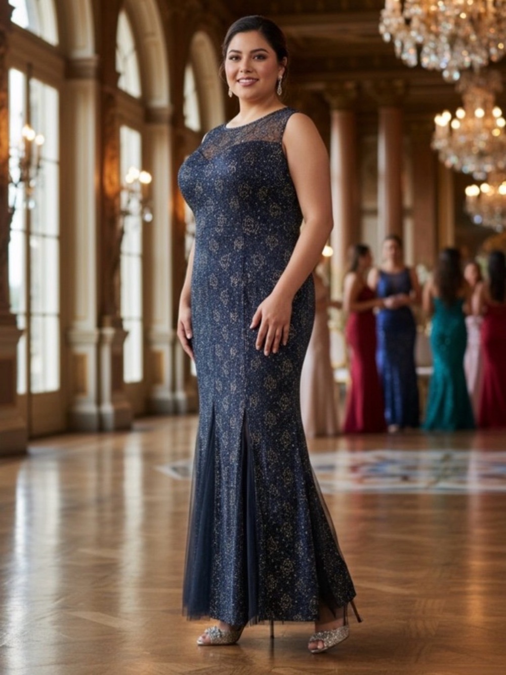 Navy Glitter Illusion Sheath Evening Dress